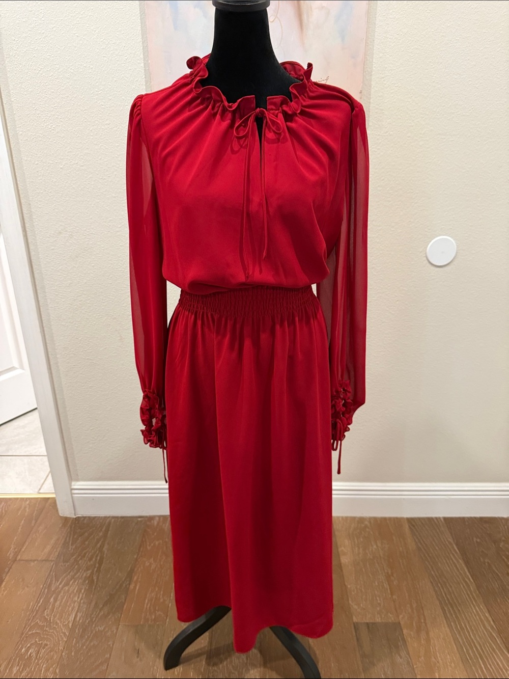 Anne Klein Red Long-Sleeve Ruffle-Tie Midi Dress
